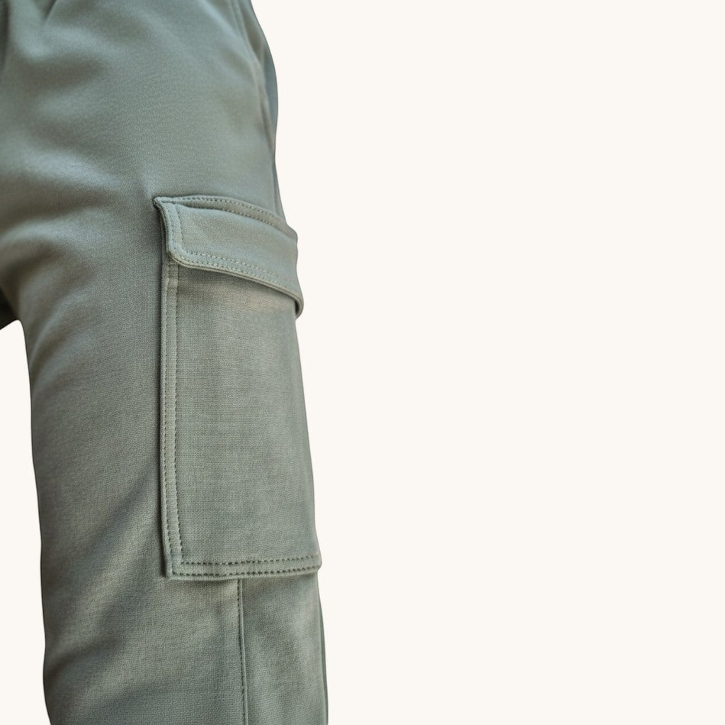 VelvetMoto sage green cargo leggings with flap pocket detail