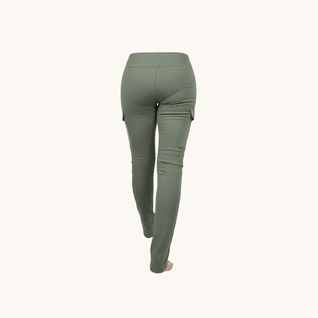 VelvetMoto sage green cargo leggings with elastic waistband and side pockets.