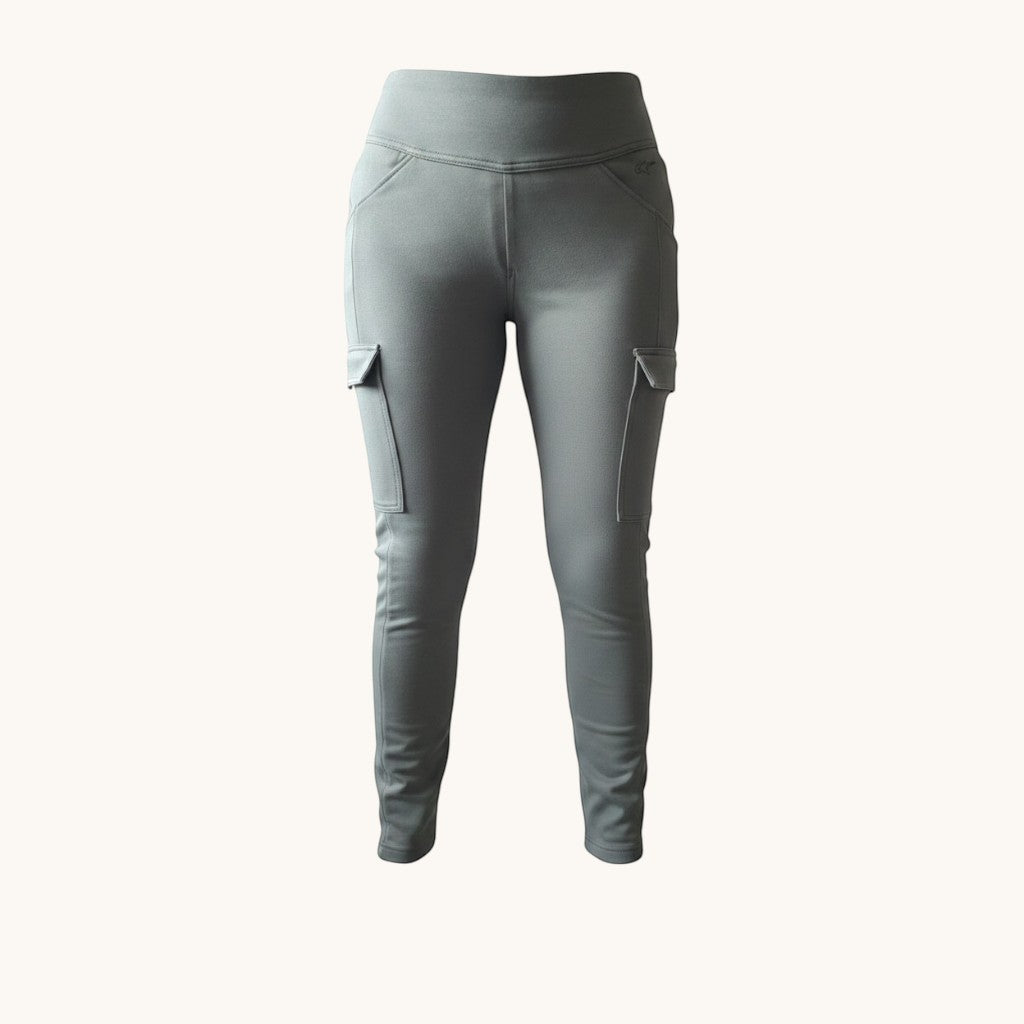VelvetMoto grey moto leggings with cargo pockets and a high waist. Slim fit, ideal for casual wear.