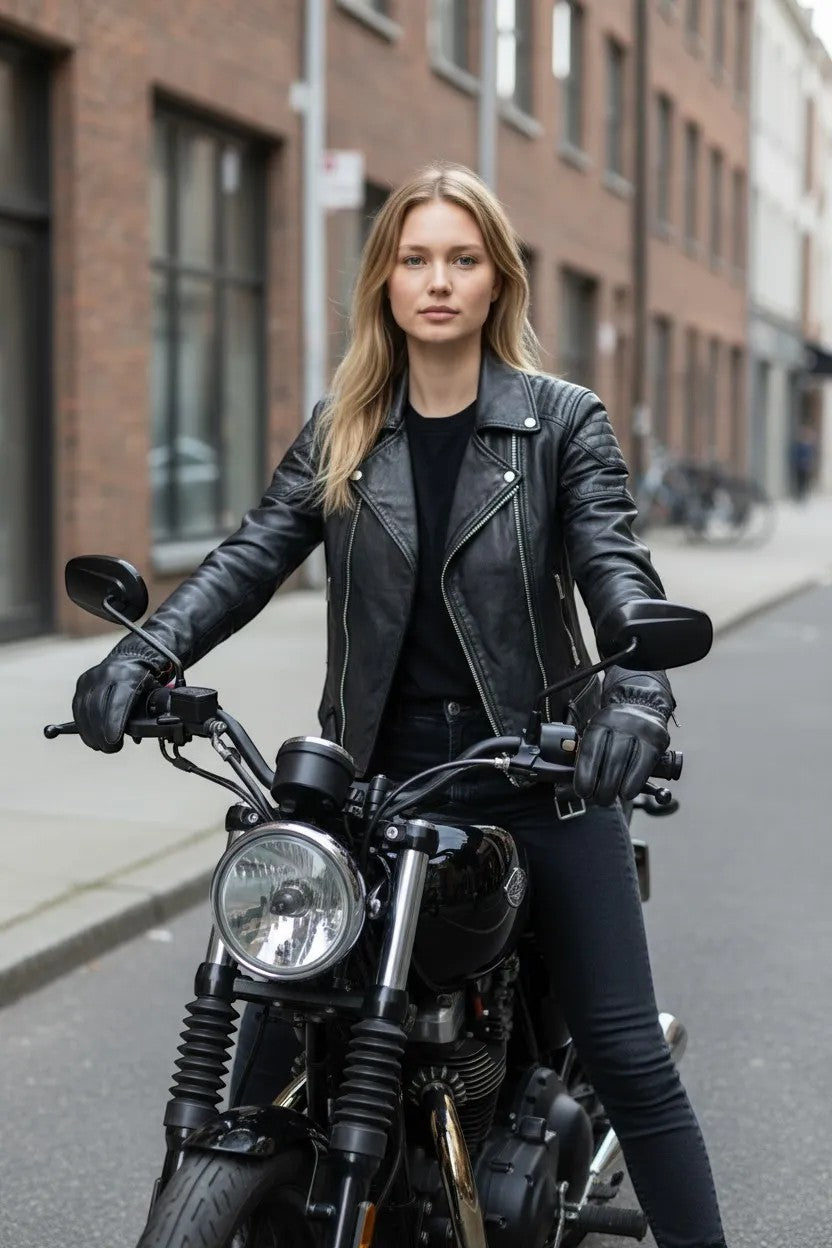 VelvetMoto black leather riding gloves with contrast stitching and adjustable wrist straps on a woman.